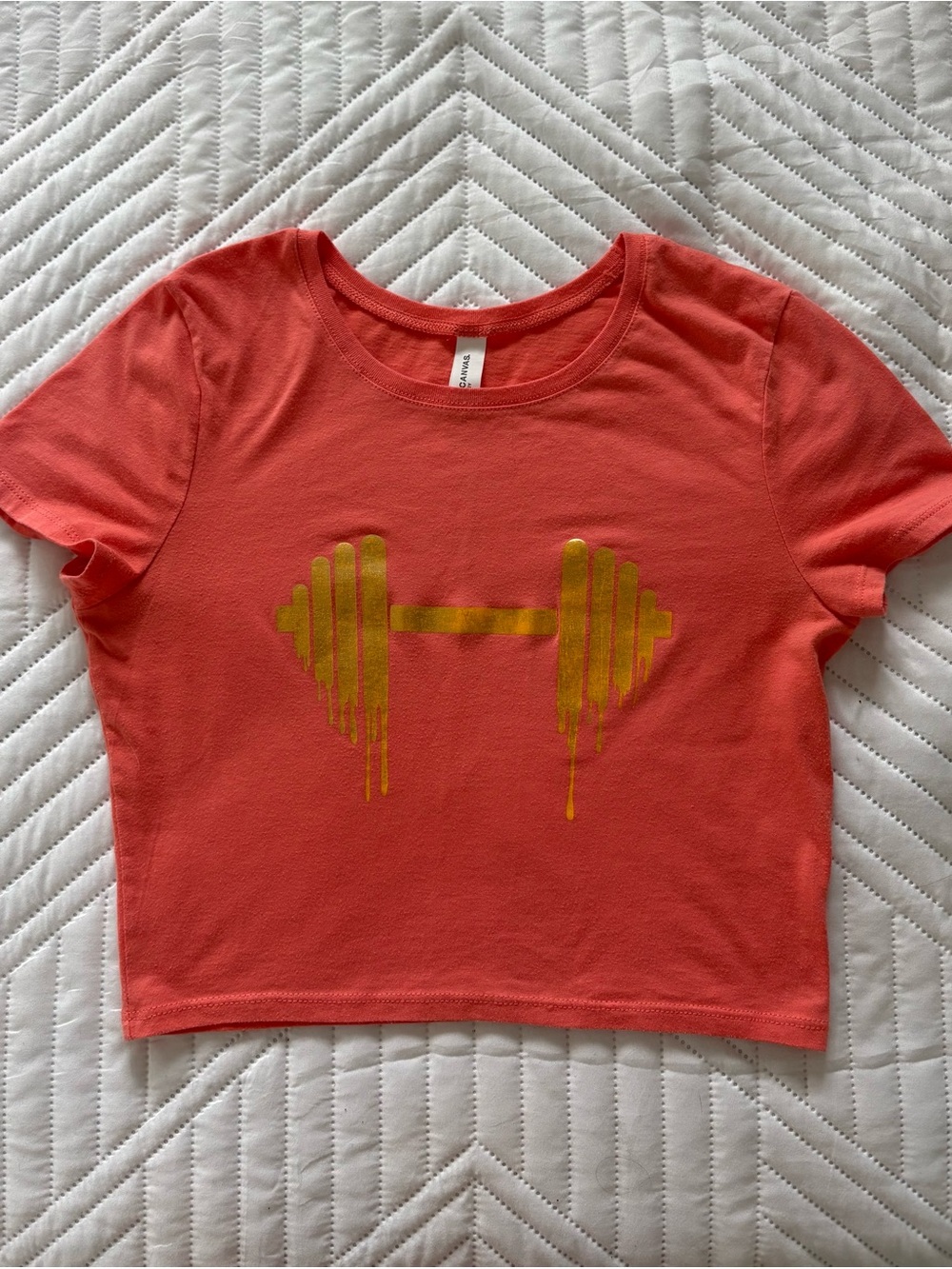 Coral Crop Tee with Gold Barbell Print